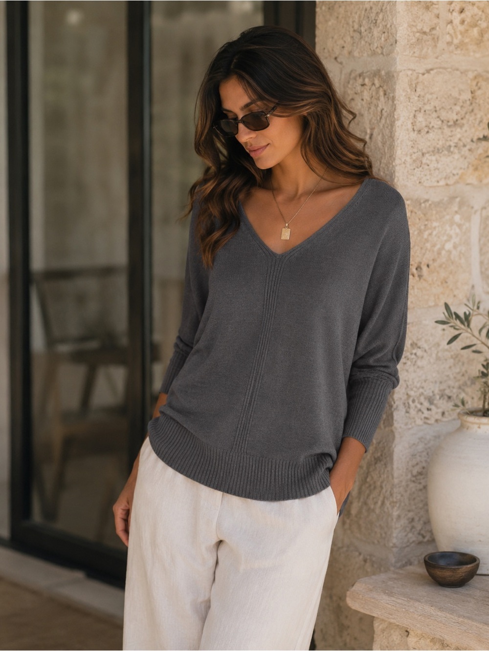 St. John Wool Blend Slouchy V Neck Sweater Small Dolman Sleeve Quiet Luxury Top